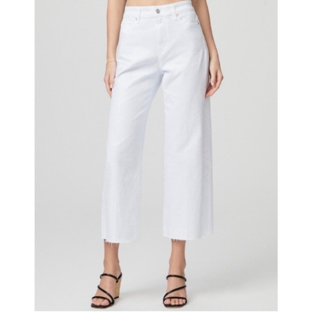 PAIGE 26 Petite Anessa Ankle Wide Leg High Rise Denim Jean White Raw Hem